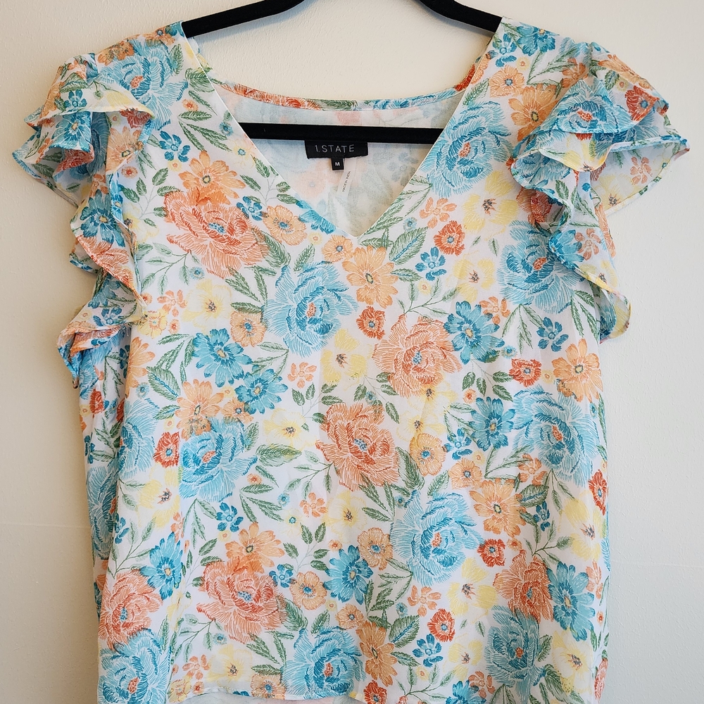 1State Floral Ruffle Sleeve Blouse - Blue and Orange